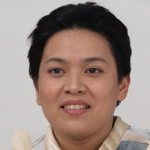 Joyful asian young-adult female with short  black hair and brown eyes