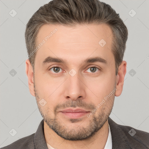 Neutral white adult male with short  brown hair and brown eyes