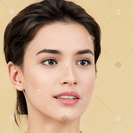 Neutral white young-adult female with medium  brown hair and brown eyes