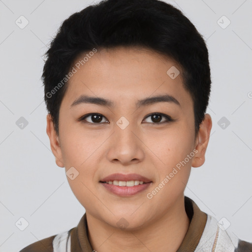 Joyful asian young-adult female with short  brown hair and brown eyes