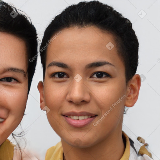 Joyful asian young-adult female with short  brown hair and brown eyes