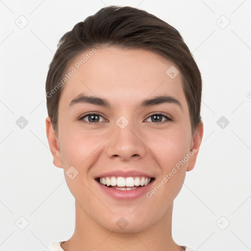 Joyful white young-adult female with short  brown hair and brown eyes