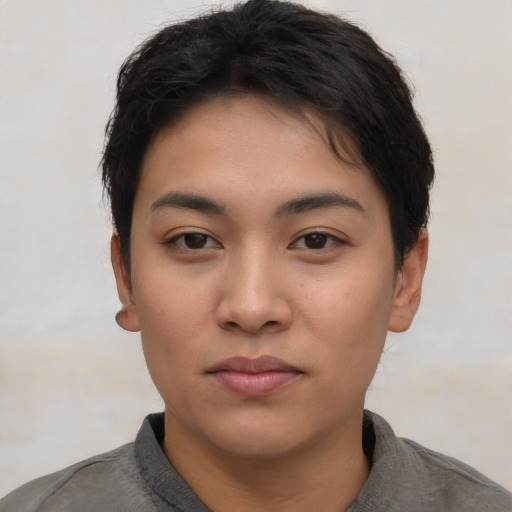 Neutral asian young-adult female with short  brown hair and brown eyes