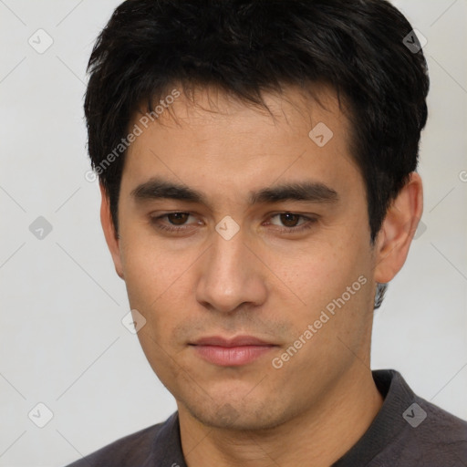 Neutral asian young-adult male with short  black hair and brown eyes