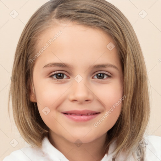 Joyful white child female with medium  brown hair and brown eyes