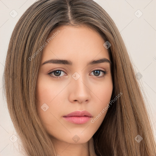 Neutral white young-adult female with long  brown hair and brown eyes