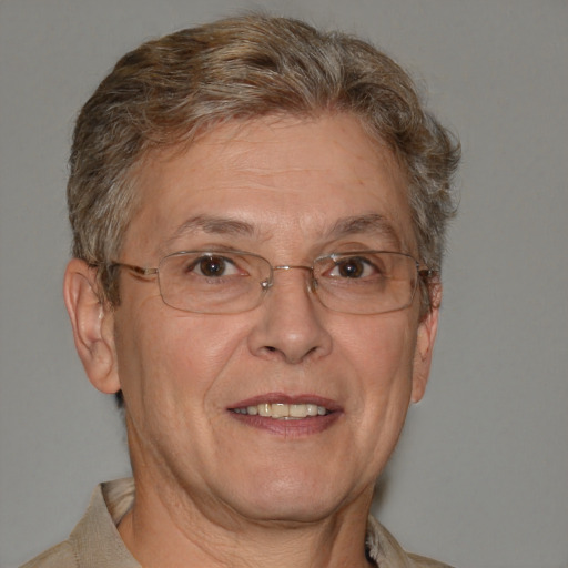 Joyful white middle-aged male with short  brown hair and brown eyes