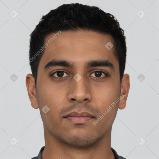 Neutral latino young-adult male with short  black hair and brown eyes