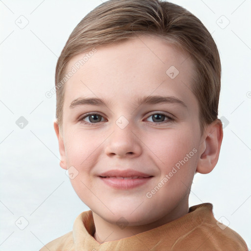 Joyful white child female with short  brown hair and grey eyes