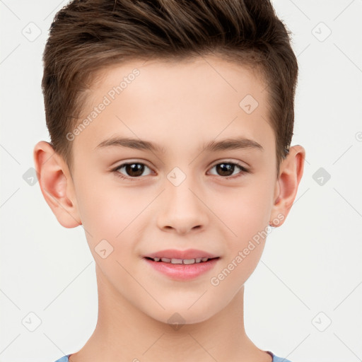 Joyful white child male with short  brown hair and brown eyes