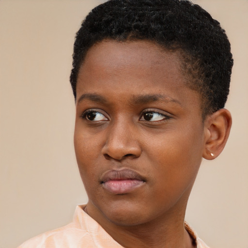 Neutral black young-adult female with short  black hair and brown eyes