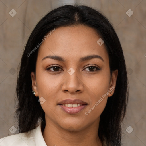 Joyful latino young-adult female with medium  black hair and brown eyes