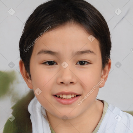 Joyful white child female with short  brown hair and brown eyes