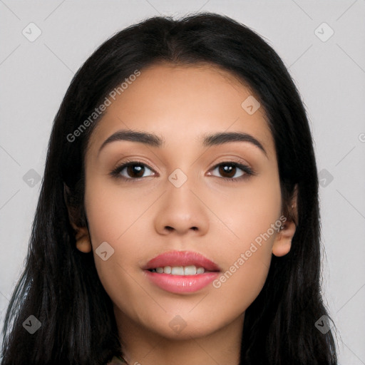 Neutral latino young-adult female with long  black hair and brown eyes