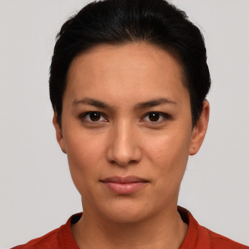Neutral white young-adult female with short  black hair and brown eyes