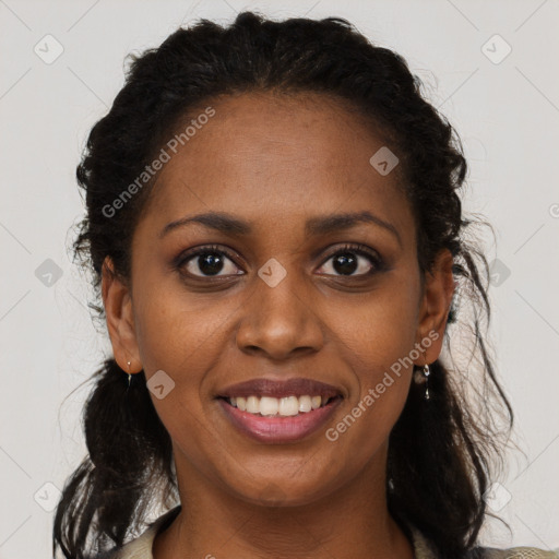 Joyful black young-adult female with medium  brown hair and brown eyes