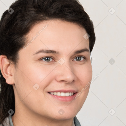 Joyful white young-adult male with medium  brown hair and brown eyes