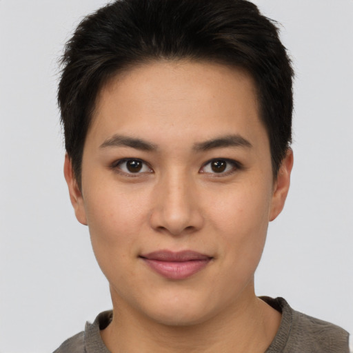 Joyful asian young-adult female with short  brown hair and brown eyes