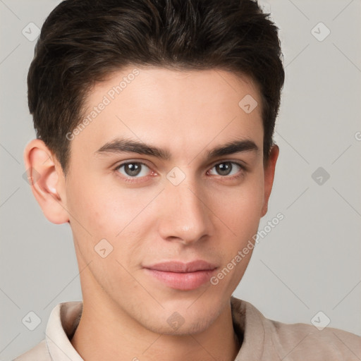 Neutral white young-adult male with short  brown hair and brown eyes