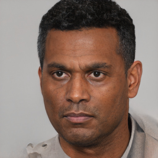 Neutral black adult male with short  black hair and brown eyes