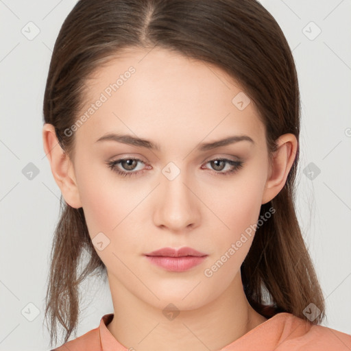 Neutral white young-adult female with medium  brown hair and brown eyes