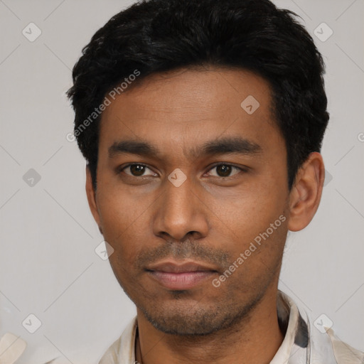 Neutral latino young-adult male with short  black hair and brown eyes