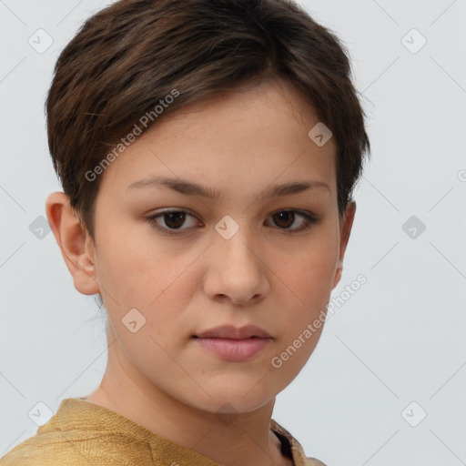 Neutral white young-adult female with short  brown hair and brown eyes