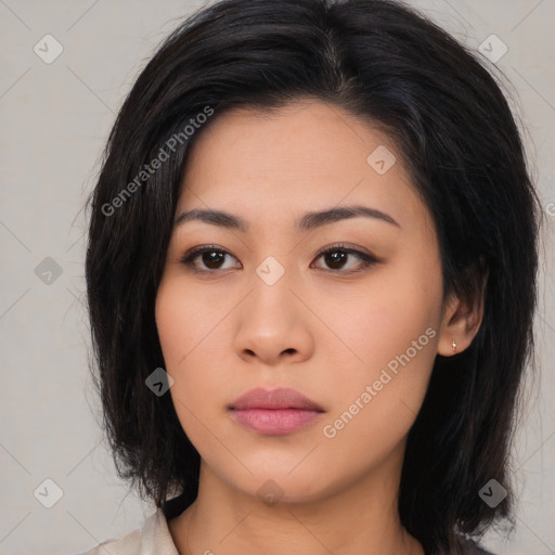 Neutral asian young-adult female with medium  black hair and brown eyes