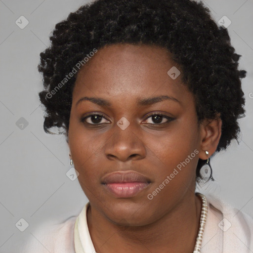 Neutral black young-adult female with short  black hair and brown eyes