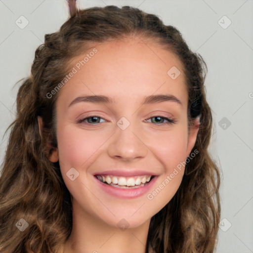 Joyful white young-adult female with long  brown hair and green eyes