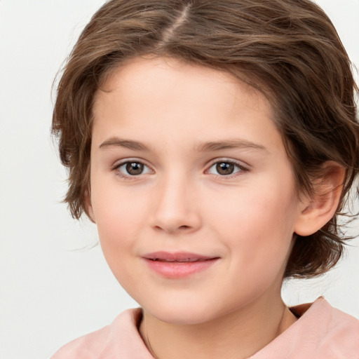 Joyful white child female with medium  brown hair and brown eyes