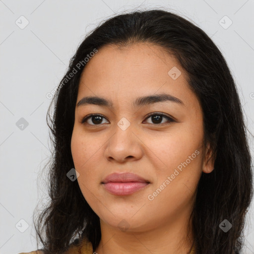 Joyful asian young-adult female with long  brown hair and brown eyes