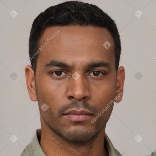 Neutral latino young-adult male with short  black hair and brown eyes