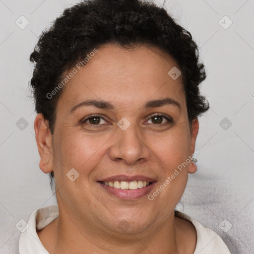 Joyful white adult female with short  brown hair and brown eyes