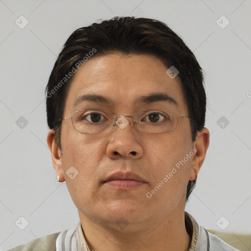 Neutral asian adult male with short  brown hair and brown eyes