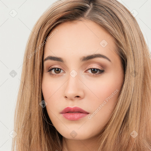 Neutral white young-adult female with long  brown hair and brown eyes