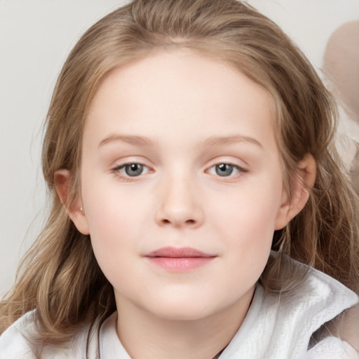 Neutral white child female with medium  brown hair and blue eyes