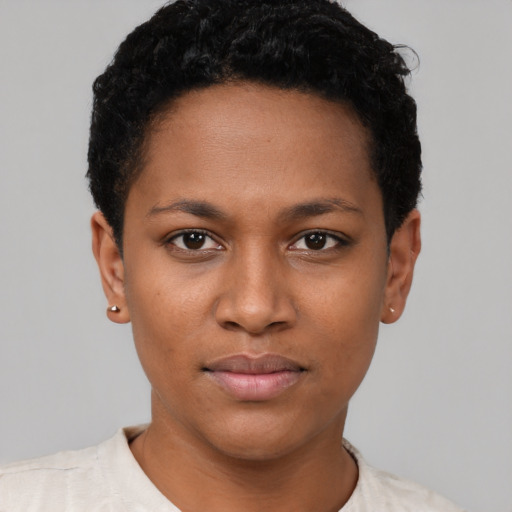Neutral black young-adult female with short  black hair and brown eyes