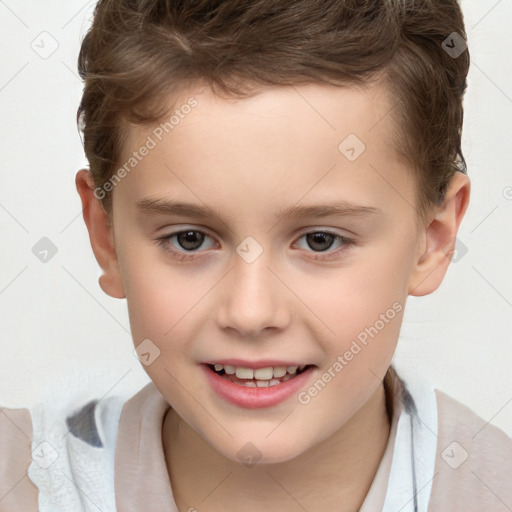 Joyful white child male with short  brown hair and brown eyes