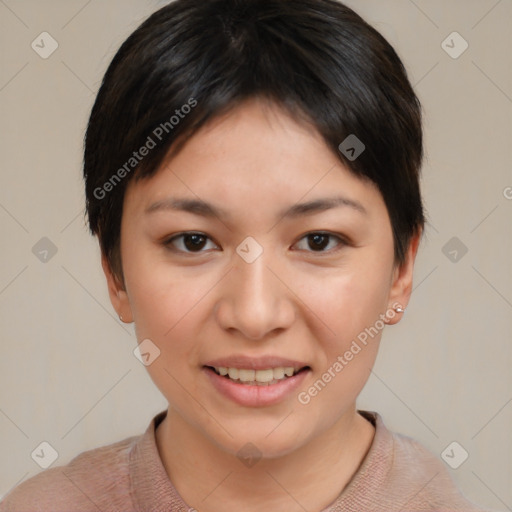 Joyful asian young-adult female with short  brown hair and brown eyes