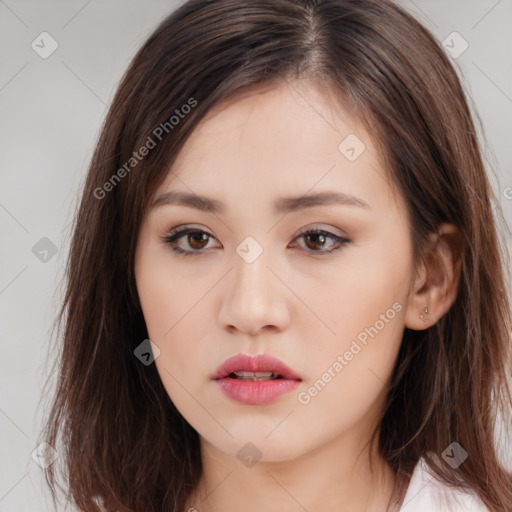 Neutral white young-adult female with long  brown hair and brown eyes