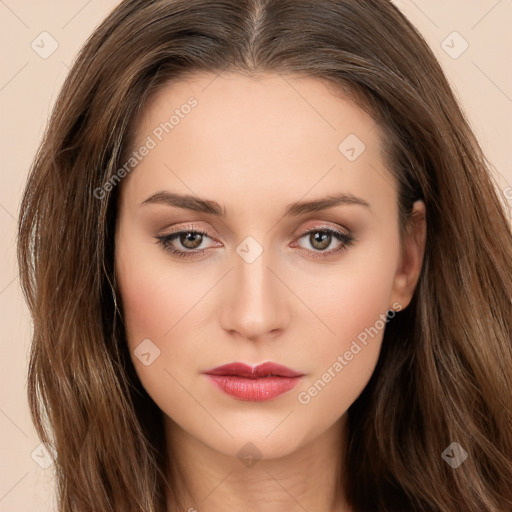 Neutral white young-adult female with long  brown hair and brown eyes