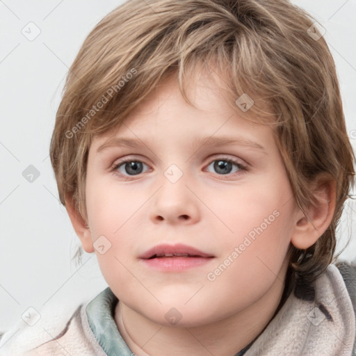 Neutral white child female with medium  brown hair and blue eyes