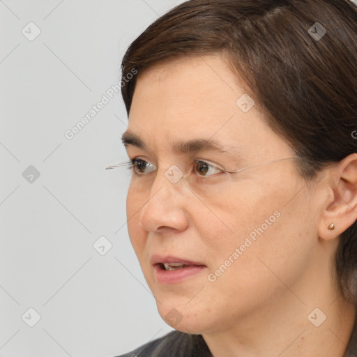 Neutral white adult female with short  brown hair and brown eyes