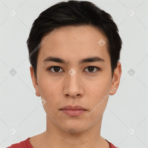 Neutral asian young-adult male with short  brown hair and brown eyes