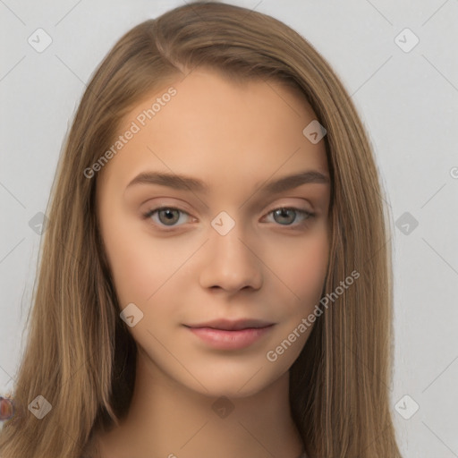 Neutral white young-adult female with long  brown hair and brown eyes