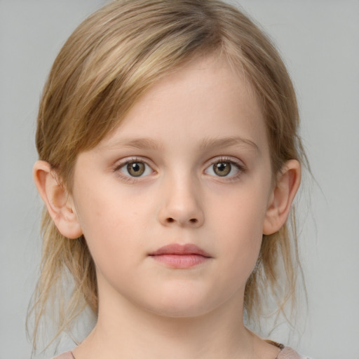 Neutral white child female with medium  brown hair and grey eyes