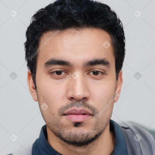 Neutral latino young-adult male with short  black hair and brown eyes