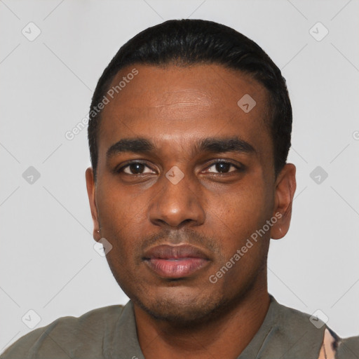 Neutral black young-adult male with short  black hair and brown eyes
