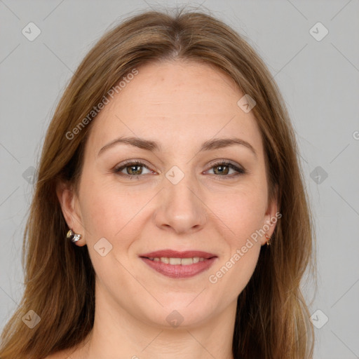 Joyful white young-adult female with long  brown hair and grey eyes